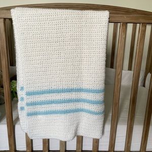 Baby handmade knit blanket white and blue